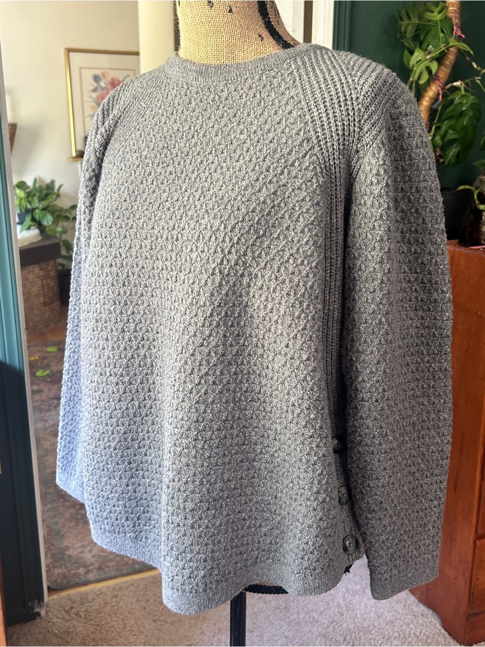 J. Jill Light Gray Textured Crewneck Sweater with Side Buttons